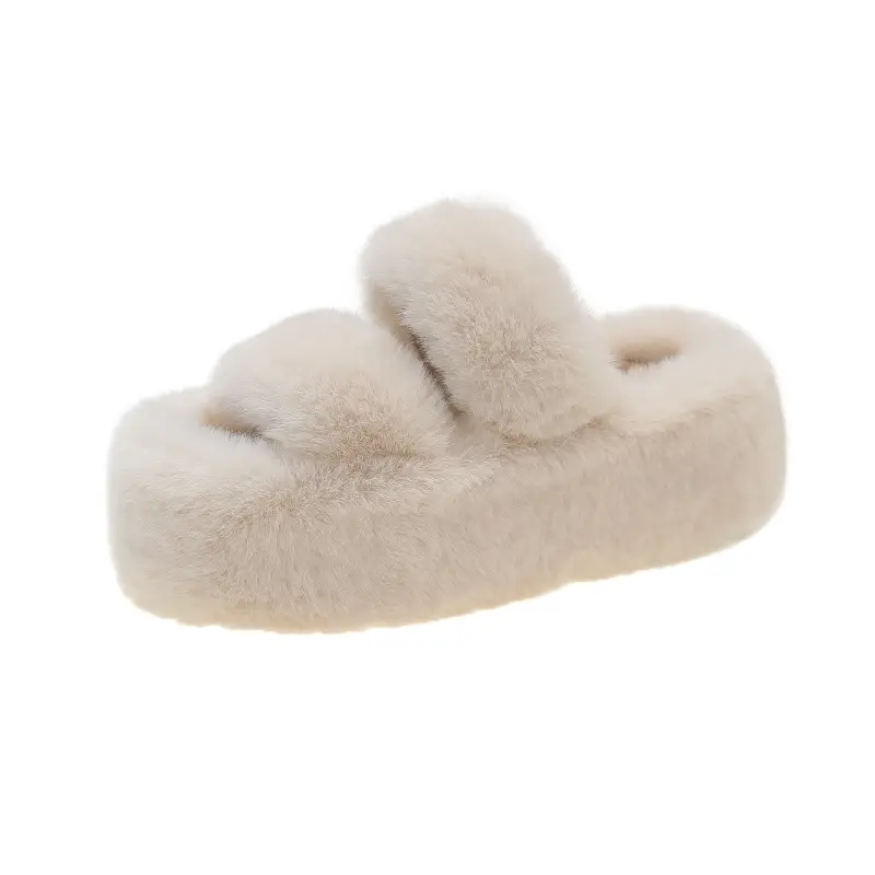 Foreign Trade 7cm Thick-Soled Furry Slippers for Women for Autumn and Winter Outer Wear 2025 New Flats-Soled One-Word Warm Cotton Slippers