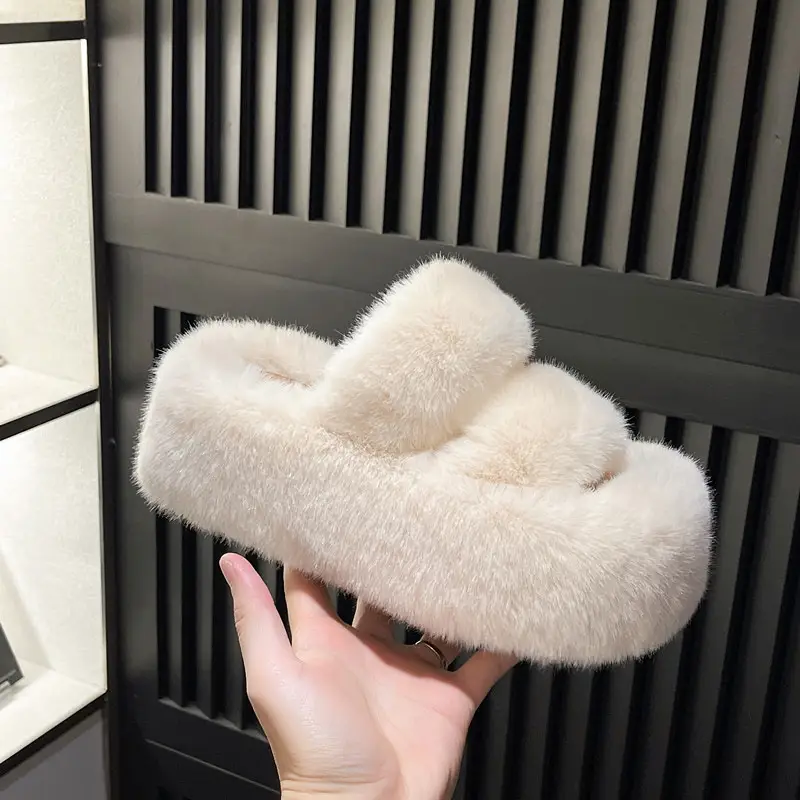 Foreign Trade 7cm Thick-Soled Furry Slippers for Women for Autumn and Winter Outer Wear 2025 New Flats-Soled One-Word Warm Cotton Slippers