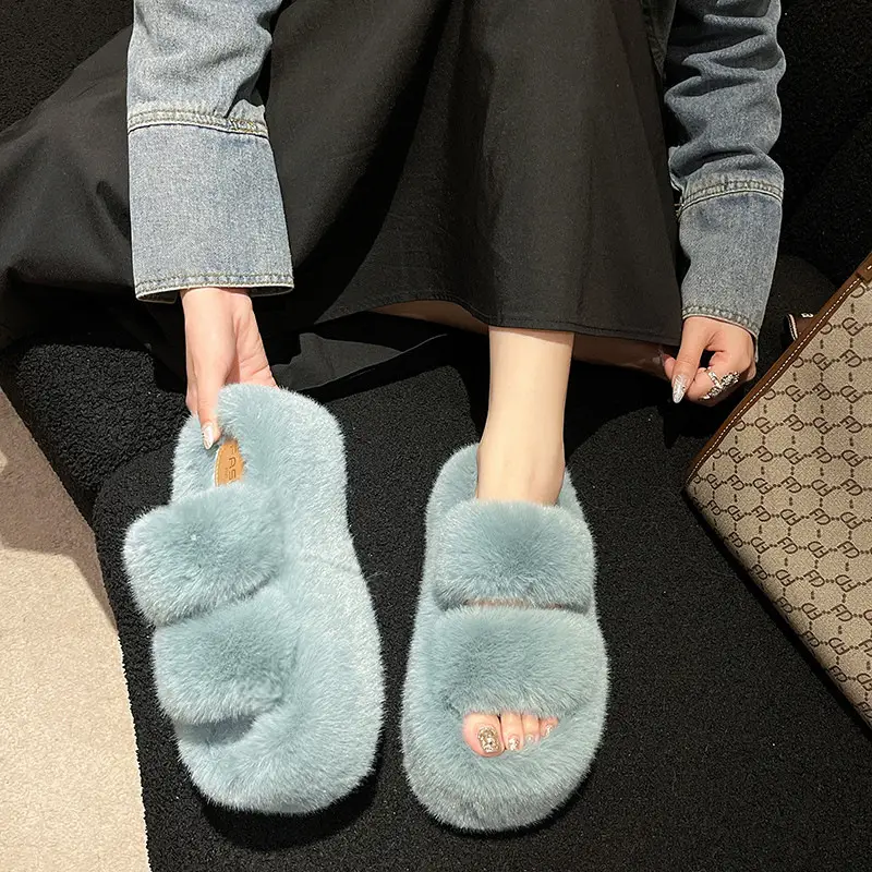 Foreign Trade 7cm Thick-Soled Furry Slippers for Women for Autumn and Winter Outer Wear 2025 New Flats-Soled One-Word Warm Cotton Slippers