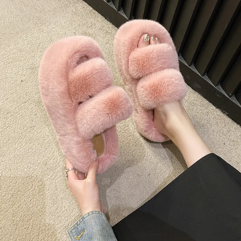 Foreign Trade 7cm Thick-Soled Furry Slippers for Women for Autumn and Winter Outer Wear 2025 New Flats-Soled One-Word Warm Cotton Slippers