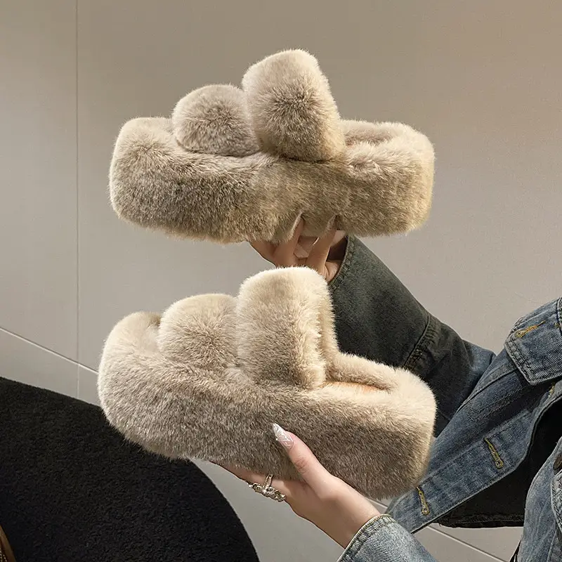 Foreign Trade 7cm Thick-Soled Furry Slippers for Women for Autumn and Winter Outer Wear 2025 New Flats-Soled One-Word Warm Cotton Slippers