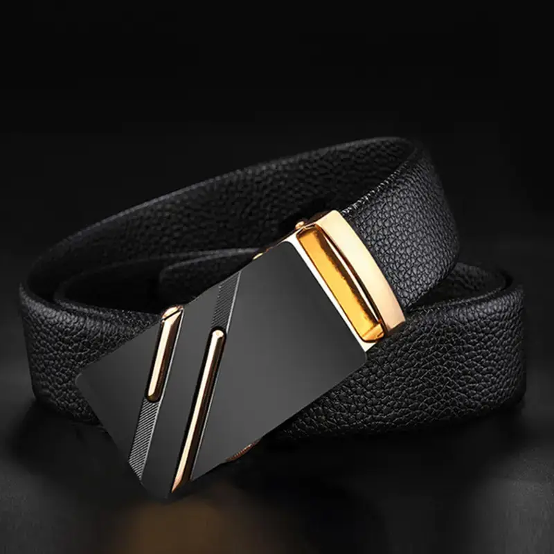 Men's Black Leather Belt with Gold Buckle - Image 4