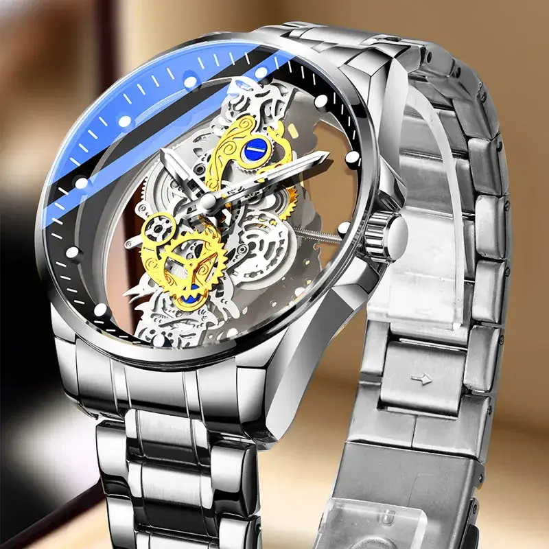 Men's Full-Automatic Transparent Watch with Blue Sectors - Image 3