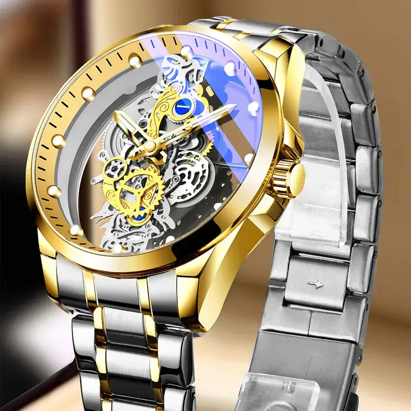 Men's Full-Automatic Transparent Watch with Blue Sectors - Image 2