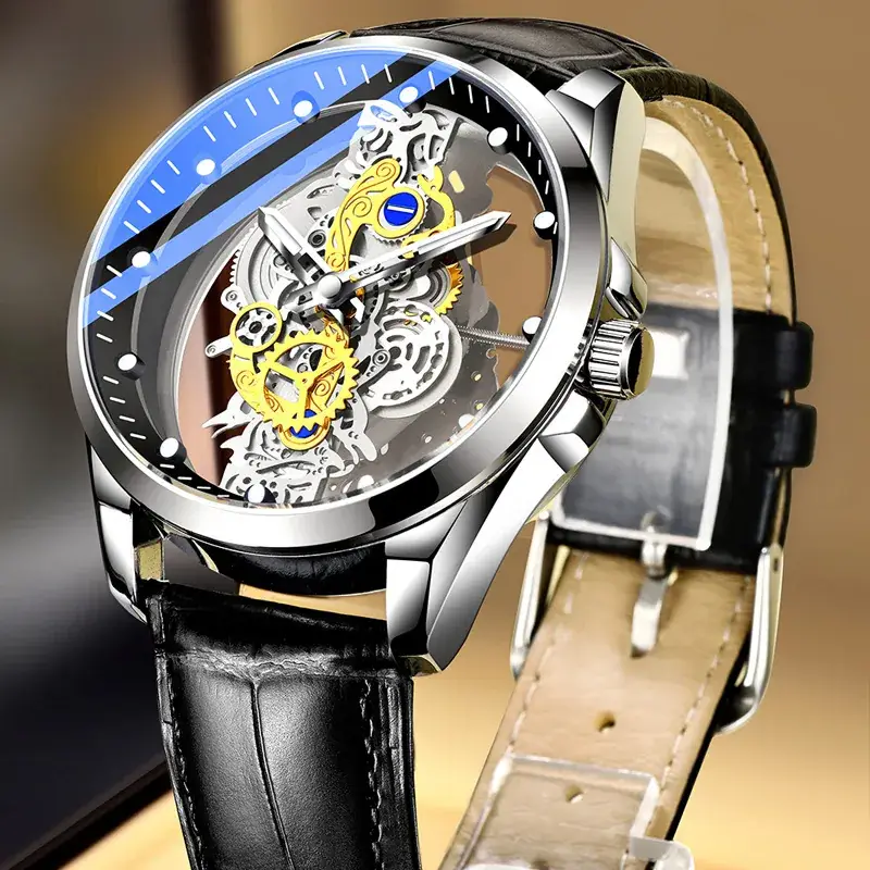 Men's Full-Automatic Transparent Watch with Blue Sectors - Image 4
