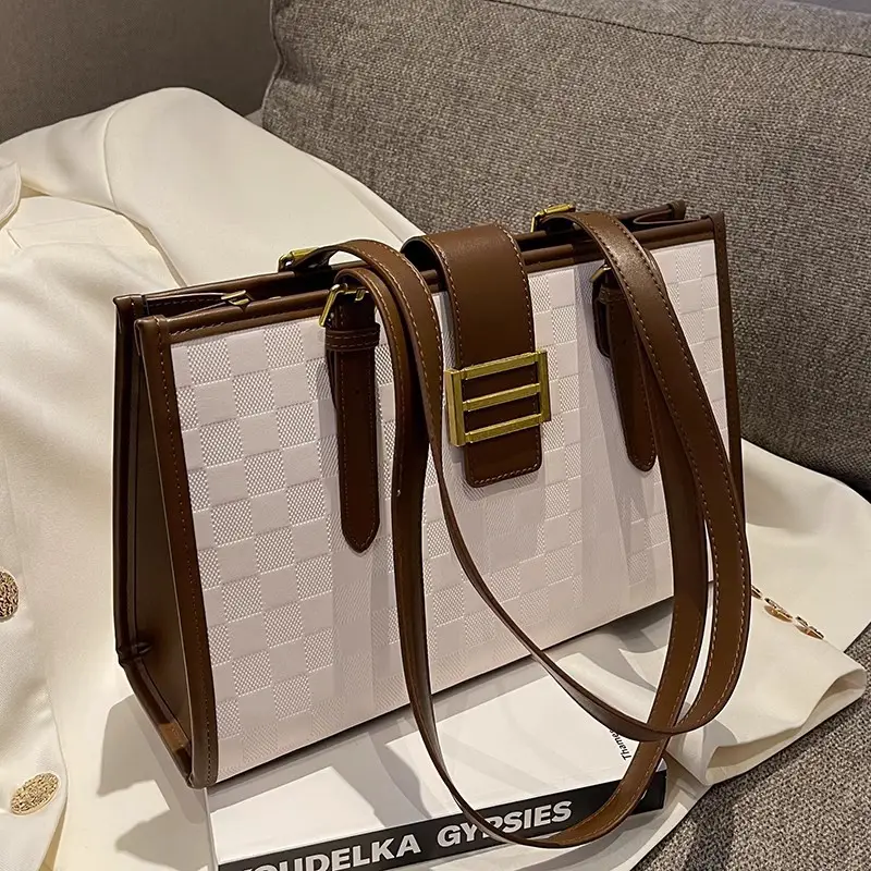 Large Capacity Brown White Textured Shoulder Bag for Women - Image 9