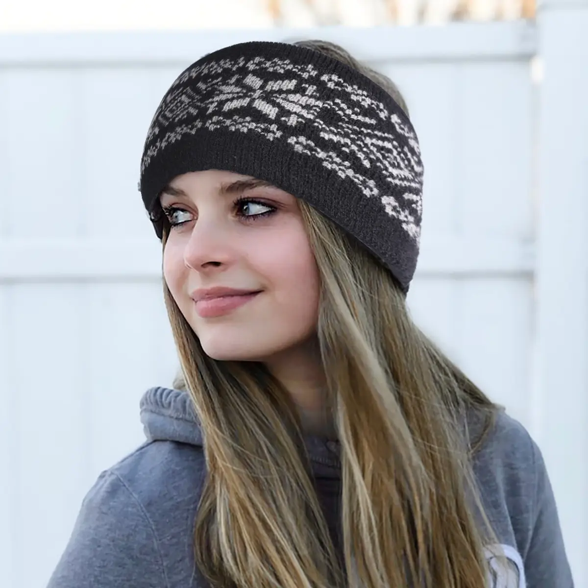 Autumn Knitted Headband Geometric Pattern Brown — feature 4