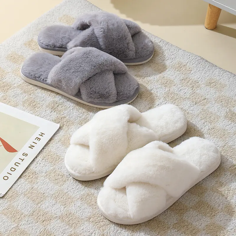 2023 cross-border autumn and winter New imitation rabbit hair ladies cross-belt home cotton slippers thick-soled warm indoor slippers