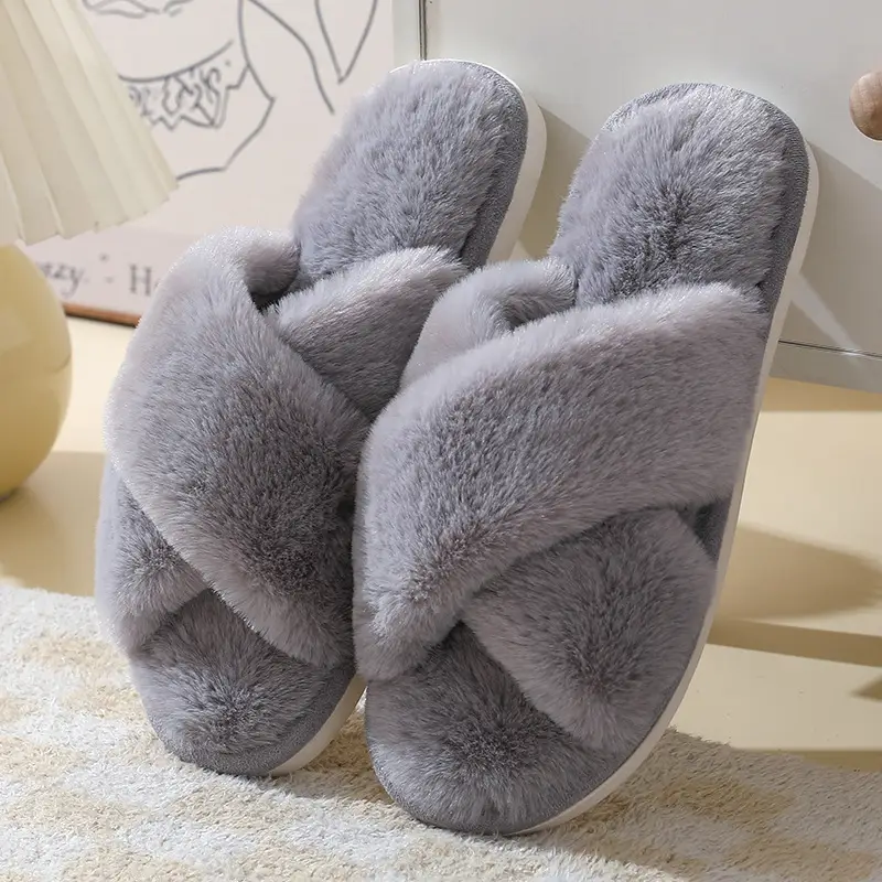 2023 cross-border autumn and winter New imitation rabbit hair ladies cross-belt home cotton slippers thick-soled warm indoor slippers