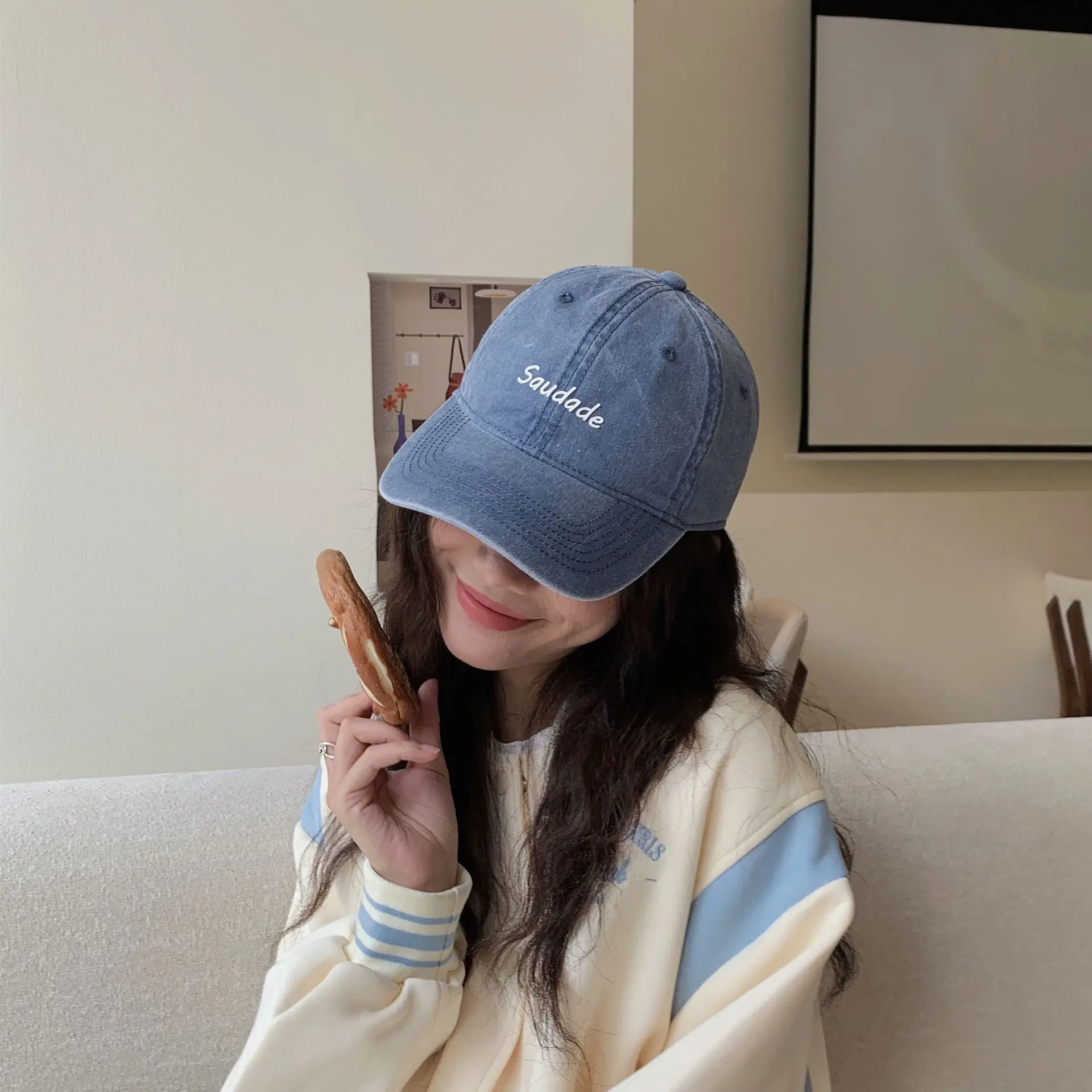 Women's Blue Washed Wide-brim Cowboy Hat with "Serenity" Embroidery