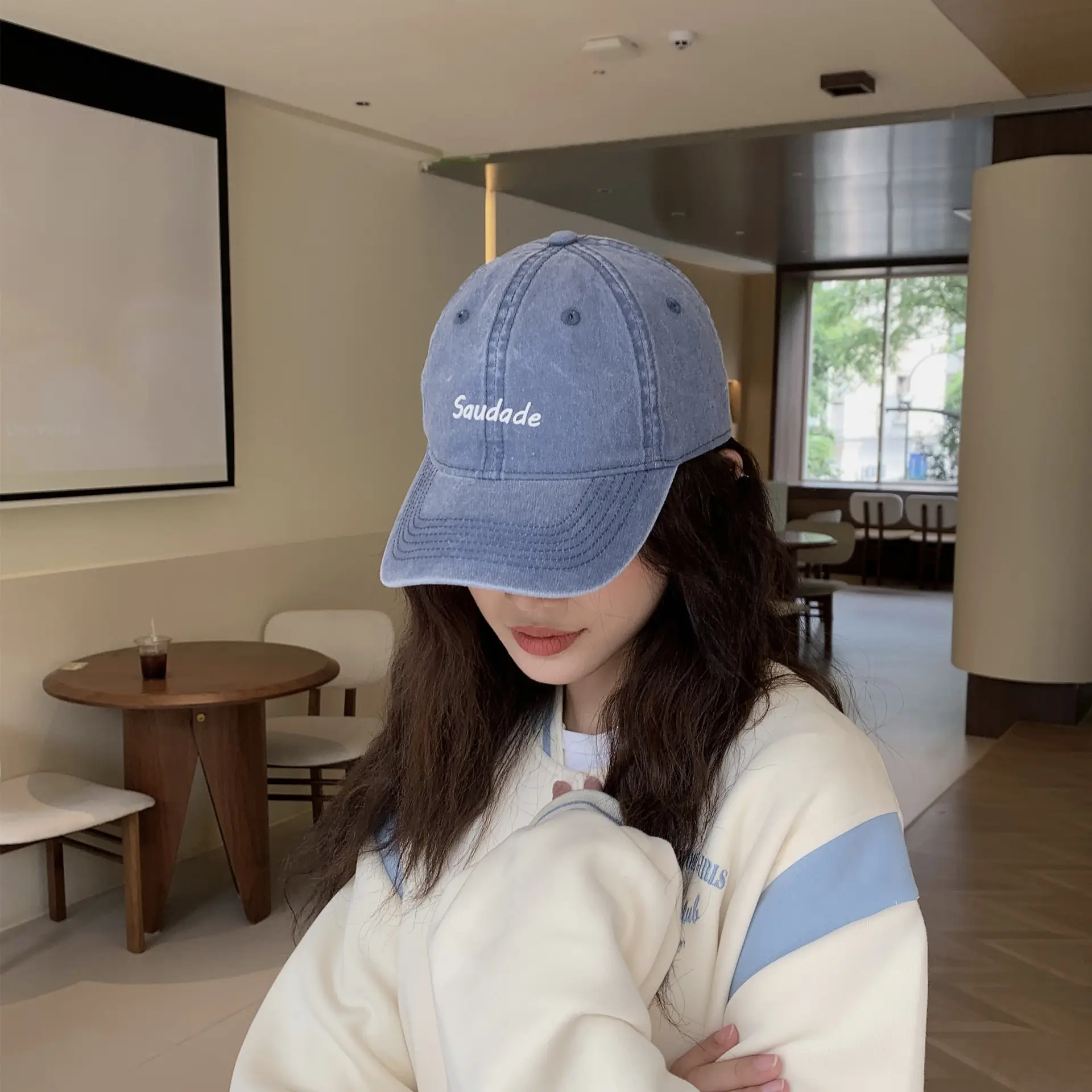Women's Blue Washed Wide-brim Cowboy Hat with "Serenity" Embroidery