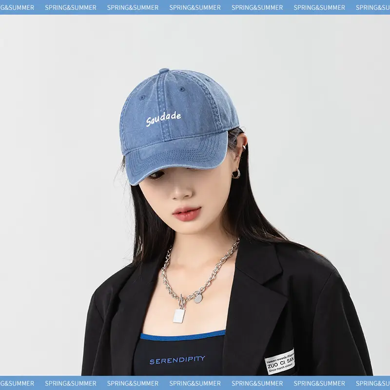 Women's Blue Washed Wide-brim Cowboy Hat with "Serenity" Embroidery