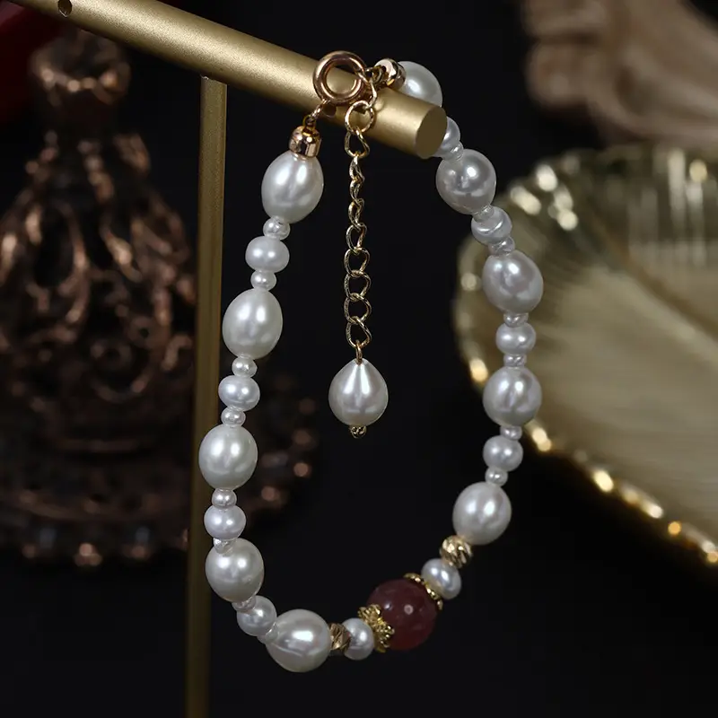 New Natural Freshwater Pearl Handwoven Bracelet with Red Crystal - Image 3