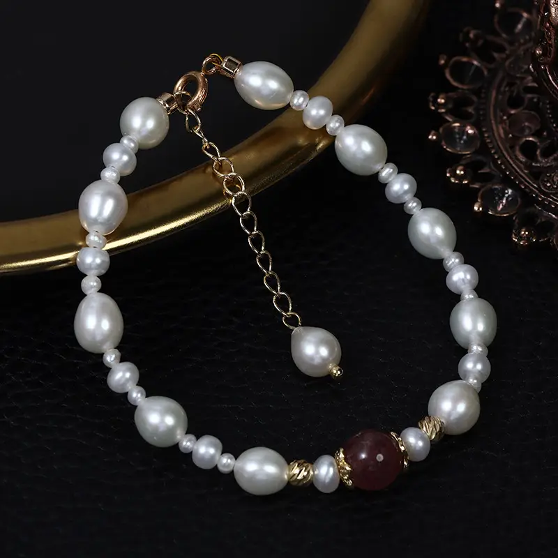 New Natural Freshwater Pearl Handwoven Bracelet with Red Crystal - Image 4