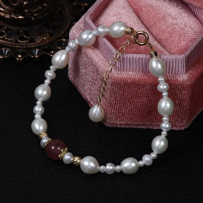 New Natural Freshwater Pearl Handwoven Bracelet with Red Crystal - Image 5