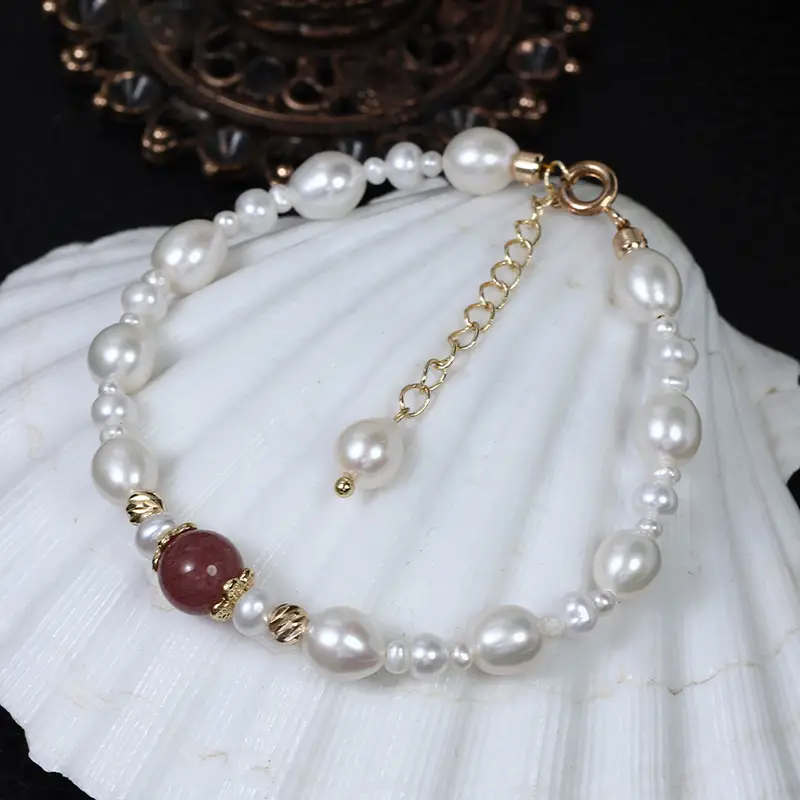 New Natural Freshwater Pearl Handwoven Bracelet with Red Crystal - Image 6
