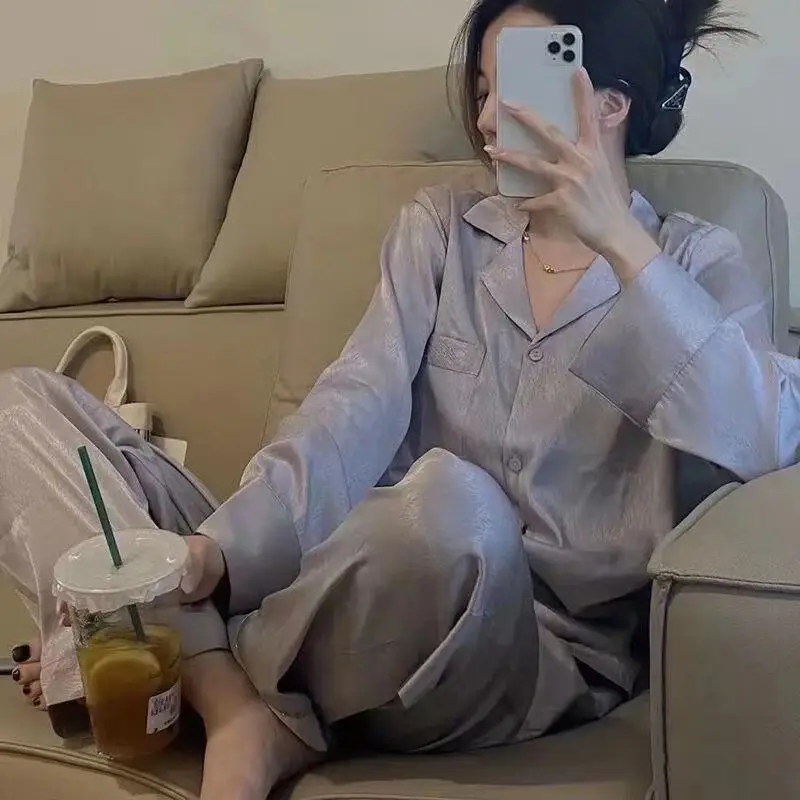 Ice Silk Pajamas for Women Spring & Fall Long-Sleeved Cute New Thin Silk Summer Ladies Ins Style Suit Home Clothes