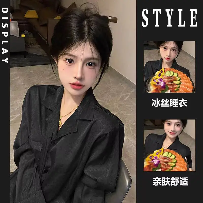 Ice Silk Pajamas for Women Spring & Fall Long-Sleeved Cute New Thin Silk Summer Ladies Ins Style Suit Home Clothes — feature 5