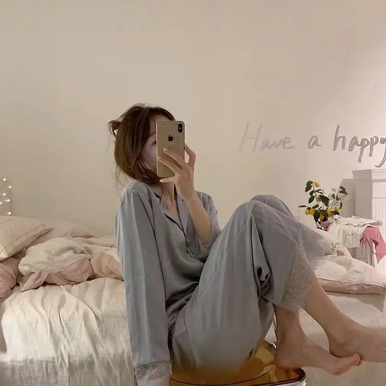 Ice Silk Pajamas for Women Spring & Fall Long-Sleeved Cute New Thin Silk Summer Ladies Ins Style Suit Home Clothes