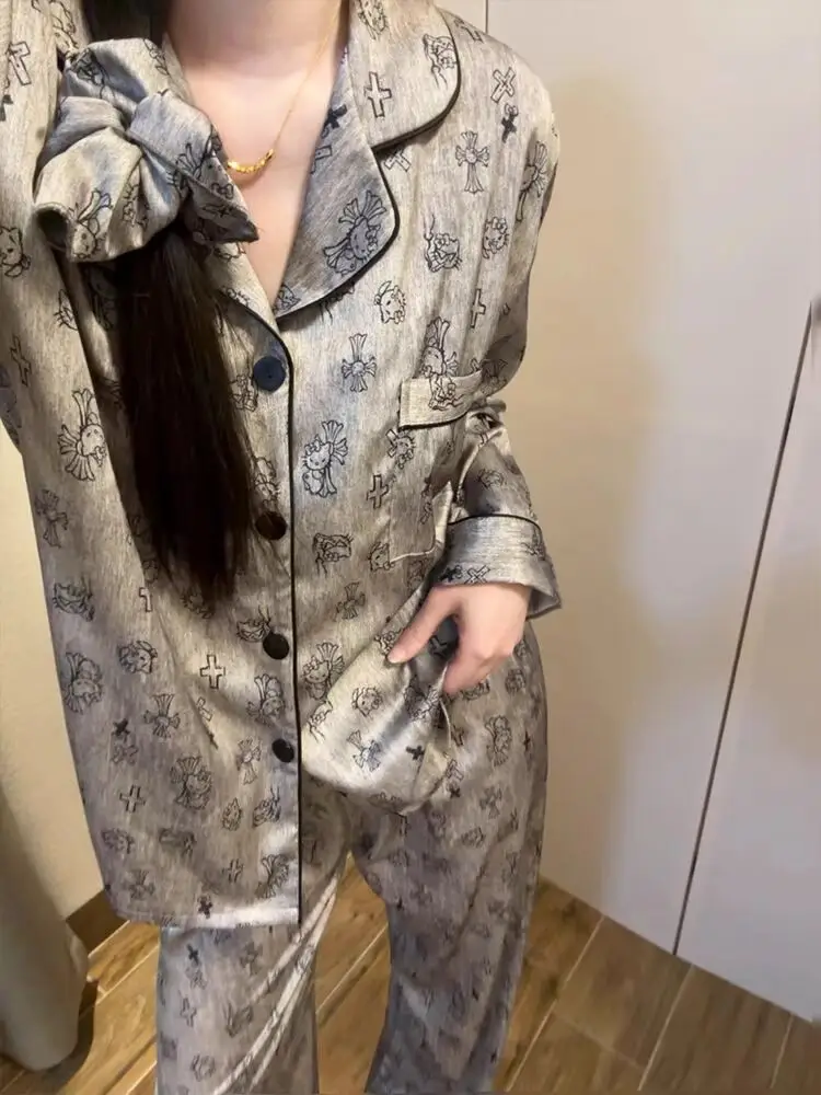 Ice Silk Pajamas for Women Spring & Fall Long-Sleeved Cute New Thin Silk Summer Ladies Ins Style Suit Home Clothes