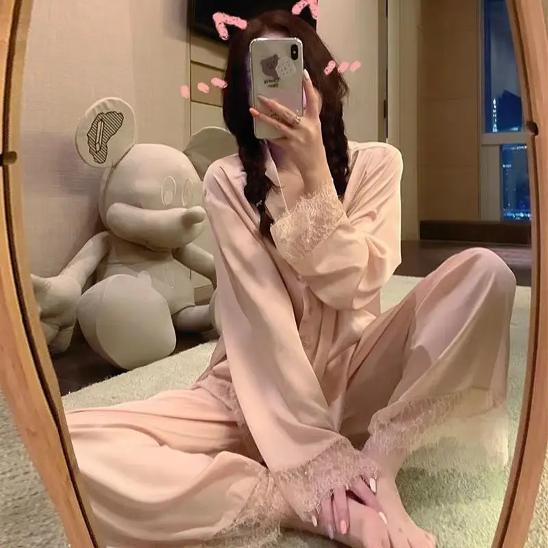 Ice Silk Pajamas for Women Spring & Fall Long-Sleeved Cute New Thin Silk Summer Ladies Ins Style Suit Home Clothes