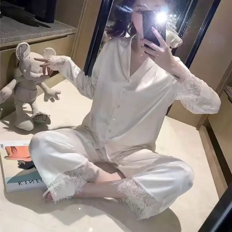 Ice Silk Pajamas for Women Spring & Fall Long-Sleeved Cute New Thin Silk Summer Ladies Ins Style Suit Home Clothes