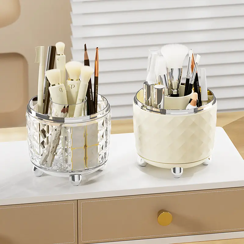 Rotatable Makeup Brush Storage Box Cream Color 25.5cm