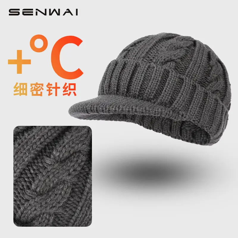 Men's Grey Knit Windproof Beanie Hat - Image 2