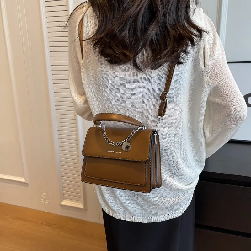 Women's Brown Leather Chain Crossbody Bag 2023 - Image 6