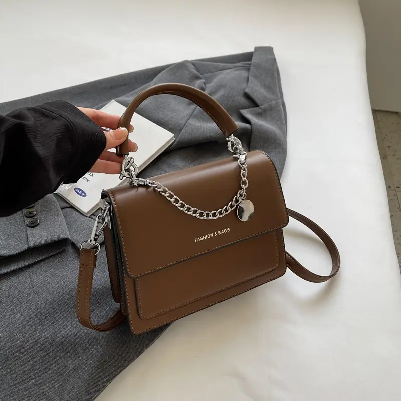 Women's Brown Leather Chain Crossbody Bag 2023 - Image 3