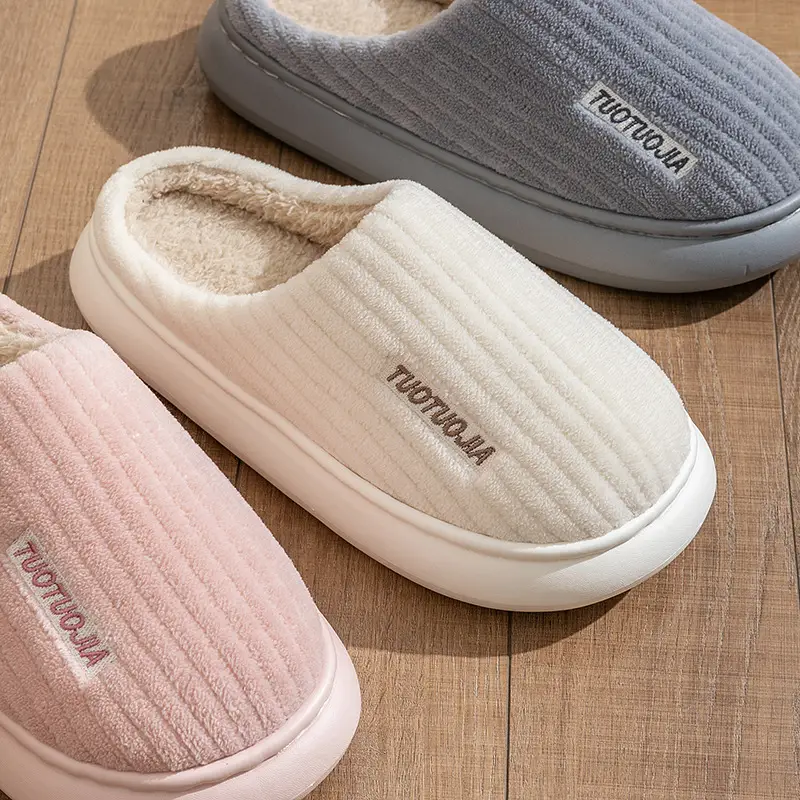 New Style Cotton Shoes Autumn and Winter Warm Home Indoor Couple Cotton Slippers Thickened Non-Slip Plush Thick Bottom Striped Cotton Slippers - Image 9
