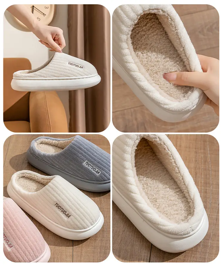 New Style Cotton Shoes Autumn and Winter Warm Home Indoor Couple Cotton Slippers Thickened Non-Slip Plush Thick Bottom Striped Cotton Slippers — feature 26