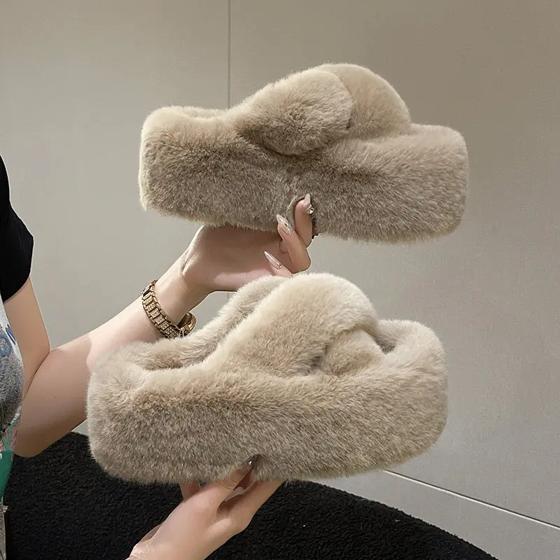 7cm thick bottom cross fluffy slippers 2025 autumn and winter new Korean fashion all-match warm plush cotton slippers women