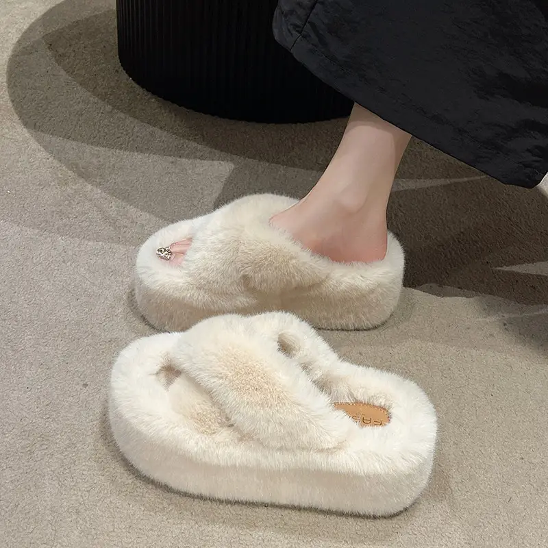 7cm thick bottom cross fluffy slippers 2025 autumn and winter new Korean fashion all-match warm plush cotton slippers women
