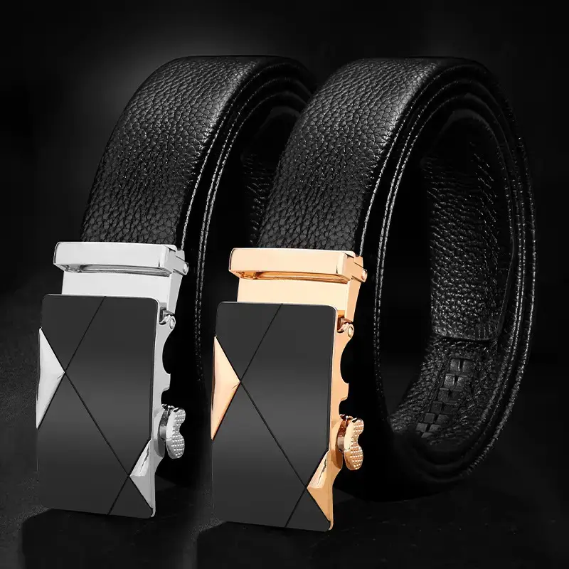 Men's Black Leather Belt with Gold Buckle - Image 4