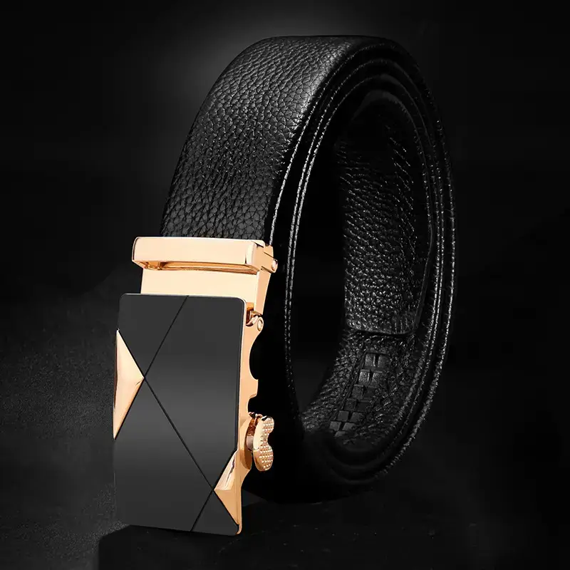 Men's Black Leather Belt with Gold Buckle - Image 5