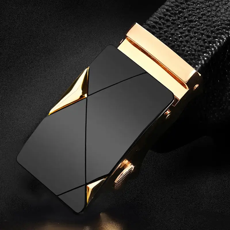 Men's Black Leather Belt with Gold Buckle