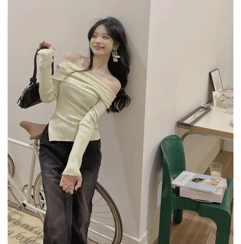 Ins Sexy Hot Girl Off-Shoulder Autumn and Winter Base Layer Women's T-Shirt Korean Style Slim Fit Pure Desire Base Layer Top Women's T-Shirt Trendy — feature 10