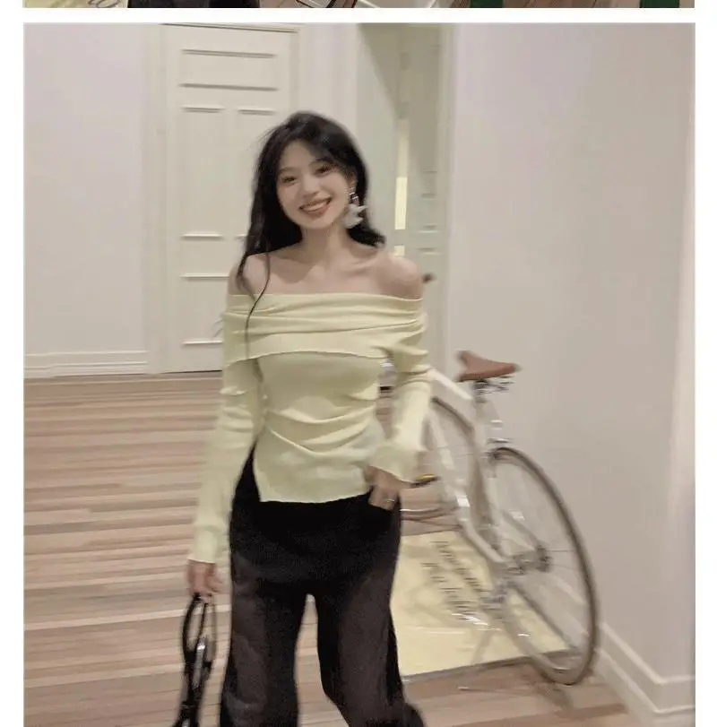 Ins Sexy Hot Girl Off-Shoulder Autumn and Winter Base Layer Women's T-Shirt Korean Style Slim Fit Pure Desire Base Layer Top Women's T-Shirt Trendy — feature 11