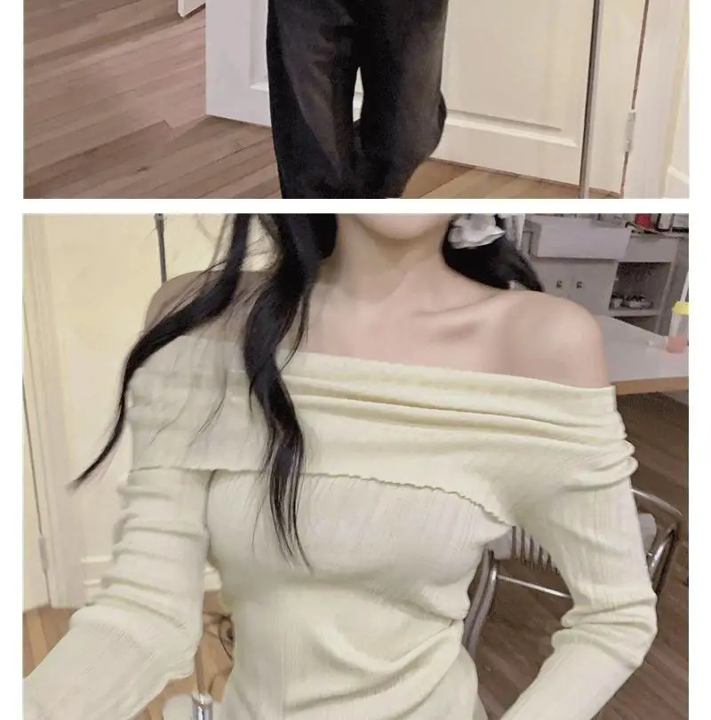 Ins Sexy Hot Girl Off-Shoulder Autumn and Winter Base Layer Women's T-Shirt Korean Style Slim Fit Pure Desire Base Layer Top Women's T-Shirt Trendy — feature 17