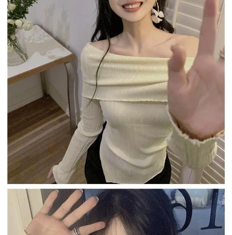 Ins Sexy Hot Girl Off-Shoulder Autumn and Winter Base Layer Women's T-Shirt Korean Style Slim Fit Pure Desire Base Layer Top Women's T-Shirt Trendy — feature 19