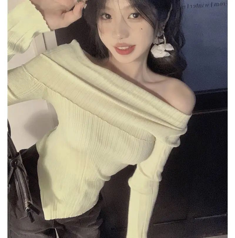 Ins Sexy Hot Girl Off-Shoulder Autumn and Winter Base Layer Women's T-Shirt Korean Style Slim Fit Pure Desire Base Layer Top Women's T-Shirt Trendy — feature 20