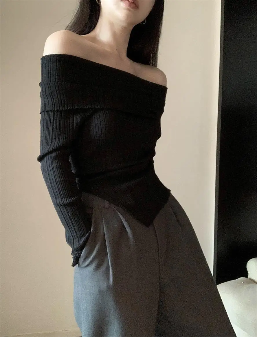 Ins Sexy Hot Girl Off-Shoulder Autumn and Winter Base Layer Women's T-Shirt Korean Style Slim Fit Pure Desire Base Layer Top Women's T-Shirt Trendy — feature 24
