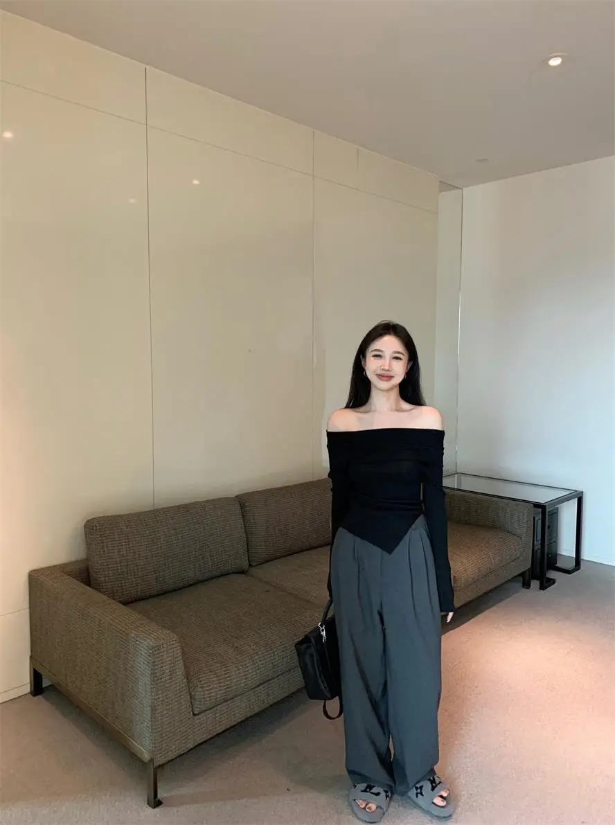 Ins Sexy Hot Girl Off-Shoulder Autumn and Winter Base Layer Women's T-Shirt Korean Style Slim Fit Pure Desire Base Layer Top Women's T-Shirt Trendy — feature 25