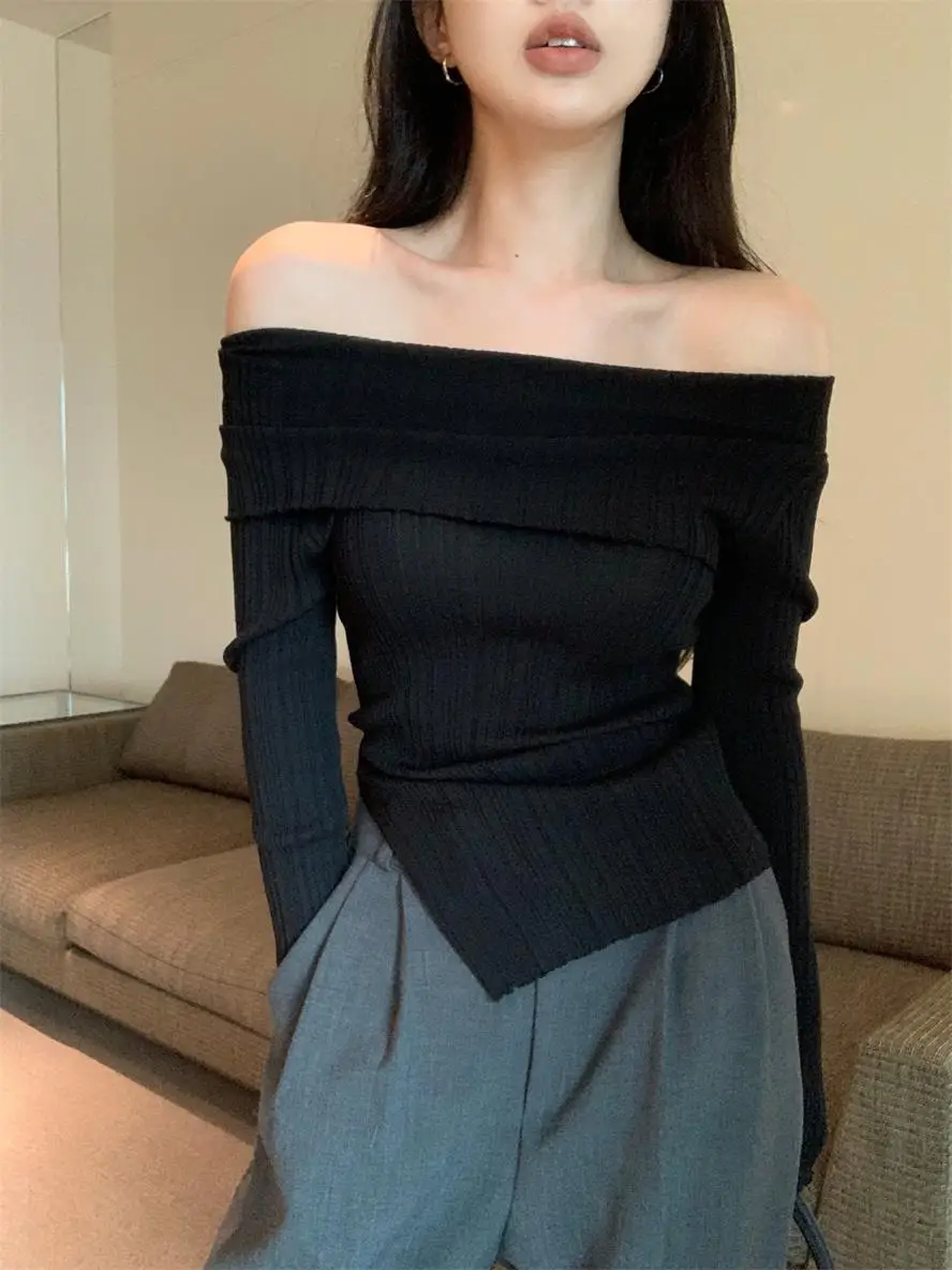 Ins Sexy Hot Girl Off-Shoulder Autumn and Winter Base Layer Women's T-Shirt Korean Style Slim Fit Pure Desire Base Layer Top Women's T-Shirt Trendy — feature 26