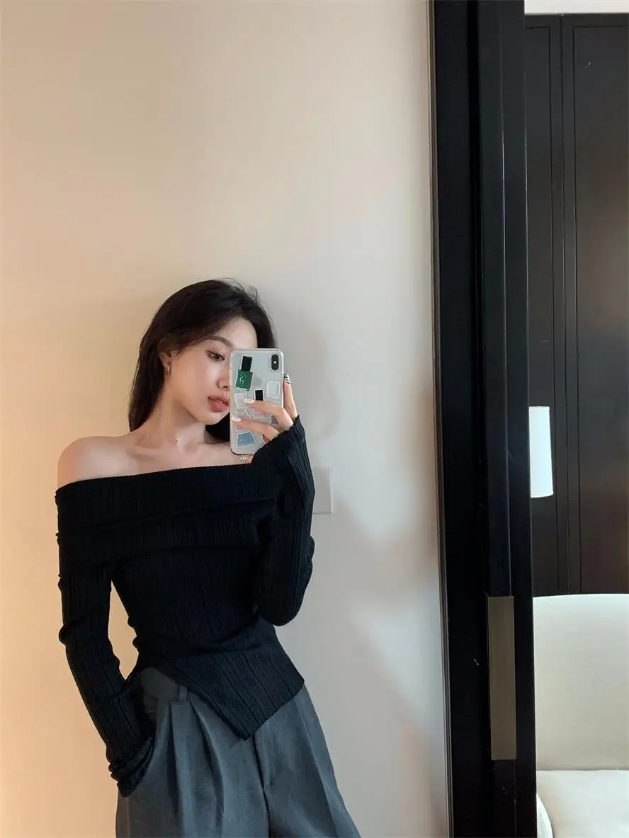 Ins Sexy Hot Girl Off-Shoulder Autumn and Winter Base Layer Women's T-Shirt Korean Style Slim Fit Pure Desire Base Layer Top Women's T-Shirt Trendy — feature 27