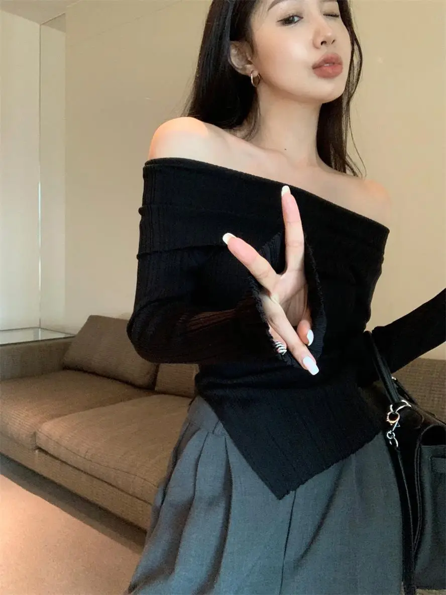 Ins Sexy Hot Girl Off-Shoulder Autumn and Winter Base Layer Women's T-Shirt Korean Style Slim Fit Pure Desire Base Layer Top Women's T-Shirt Trendy — feature 28