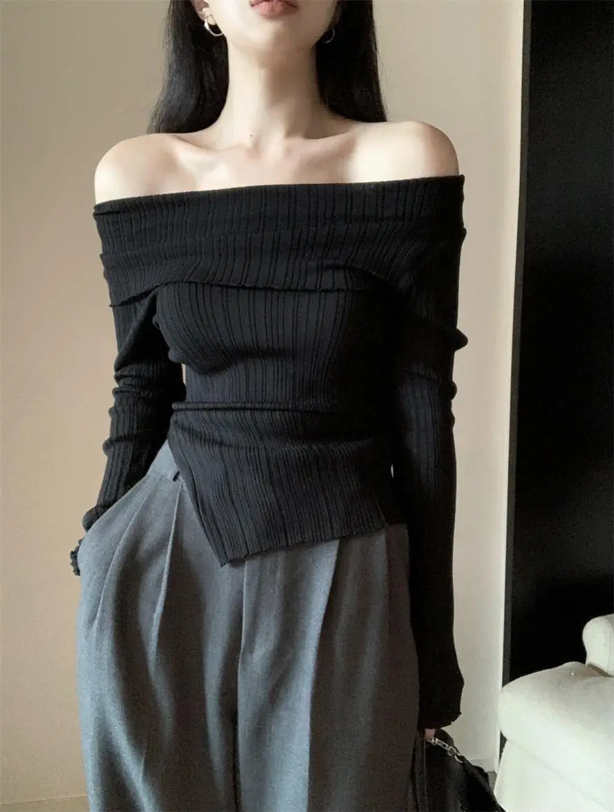Ins Sexy Hot Girl Off-Shoulder Autumn and Winter Base Layer Women's T-Shirt Korean Style Slim Fit Pure Desire Base Layer Top Women's T-Shirt Trendy — feature 30