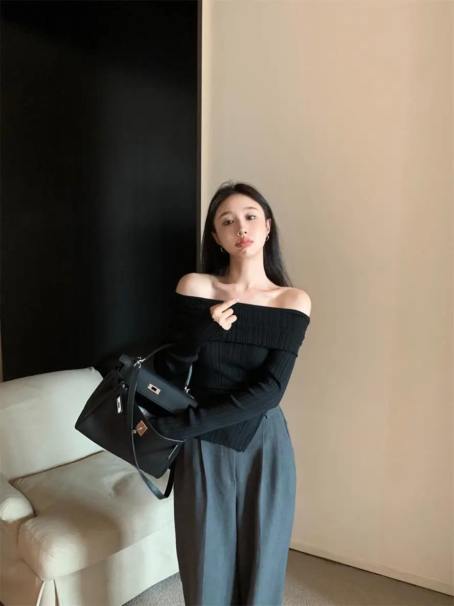 Ins Sexy Hot Girl Off-Shoulder Autumn and Winter Base Layer Women's T-Shirt Korean Style Slim Fit Pure Desire Base Layer Top Women's T-Shirt Trendy — feature 31