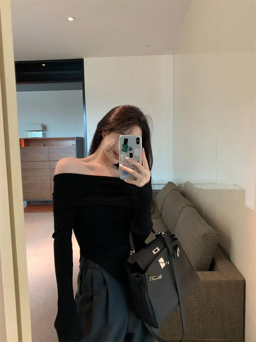 Ins Sexy Hot Girl Off-Shoulder Autumn and Winter Base Layer Women's T-Shirt Korean Style Slim Fit Pure Desire Base Layer Top Women's T-Shirt Trendy — feature 33